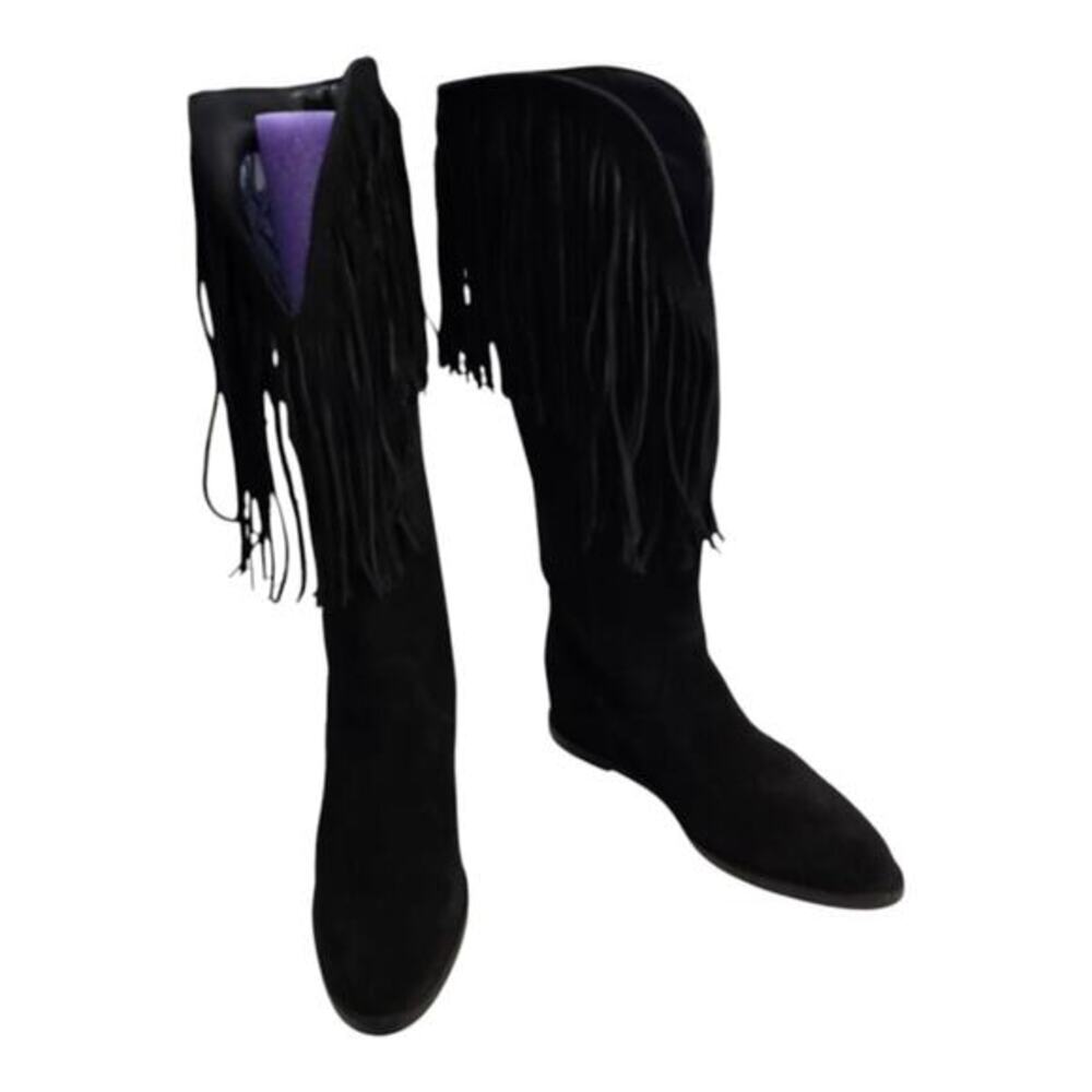 Dingo Black Suede Leather Western Hassie Cowboy Fringe Boots Size 8 New - Picture 3 of 9
